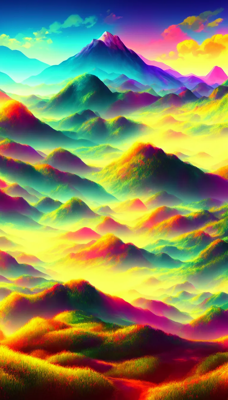 Prompt: highly detailed photo of dreamy colorful mountains and open field, hyper realistic, concept art, 8 k detail post - processing