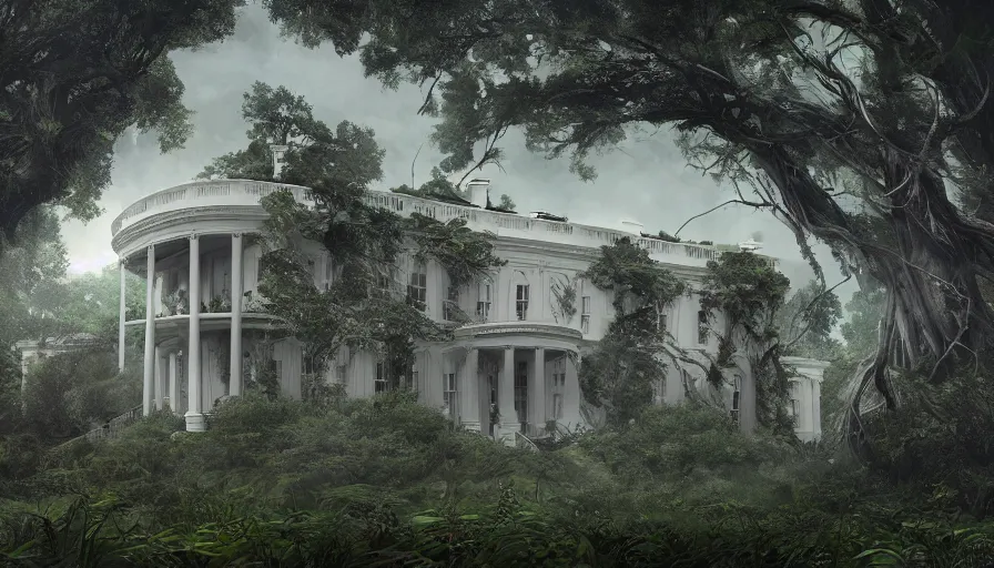 Prompt: Abandoned White House covered by vegetation, game art matte painting, hyperdetailed, artstation, cgsociety, 8k