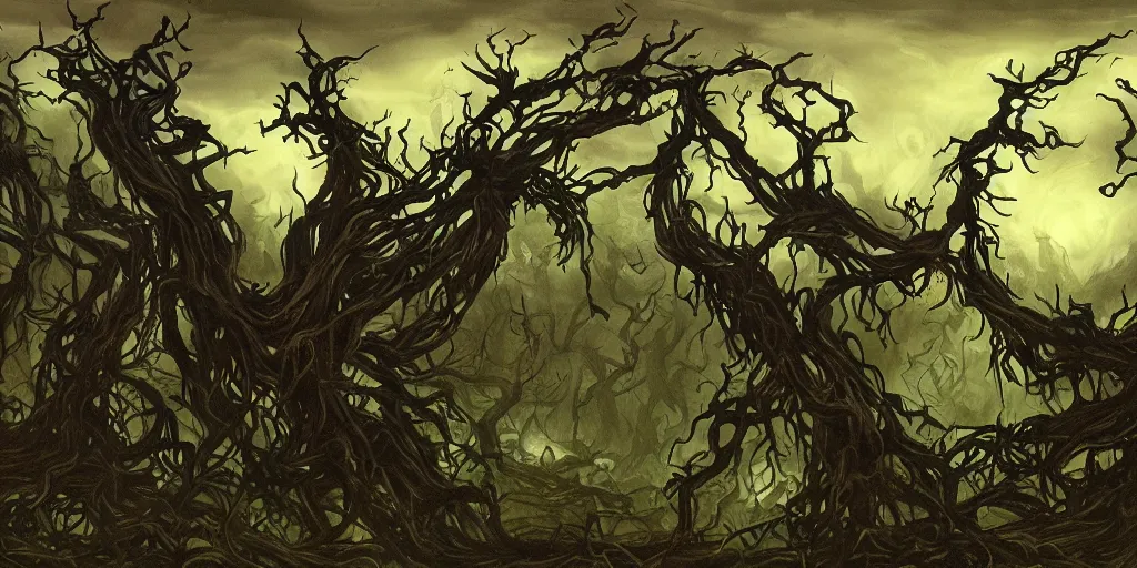 Prompt: a landcsape corrupted by a dark vine with numerous big thorns, painted in a surreal dark fantasy style