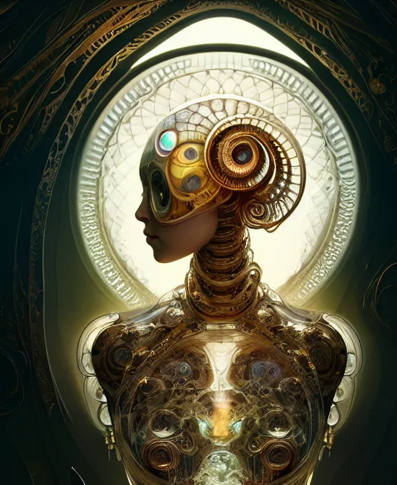 Image similar to intricate ornate opulent transparent clear see - through portrait of a robot beautiful alien nautilus, mottled coloring, adorable, childlike, pastoral environment, ultra realistic, concept art, art nouveau, photorealistic, octane render, 8 k, unreal engine. art by christopher marley and artgerm and greg rutkowski and alphonse mucha