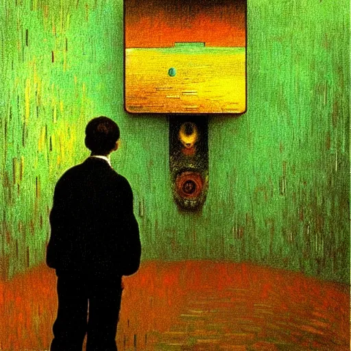 Prompt: A reinforcement learning agent recognizes itself in the mirror- contest-winning artwork by Salvador Dali, Beksiński, Van Gogh and Monet. Stunning lighting