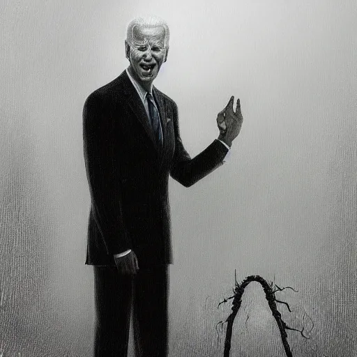 Image similar to presidential portrait of joe biden with shadowy mist pouring from mouth and nose as slenderman, by beksinski, jon mcnaughton, and stephen gammell