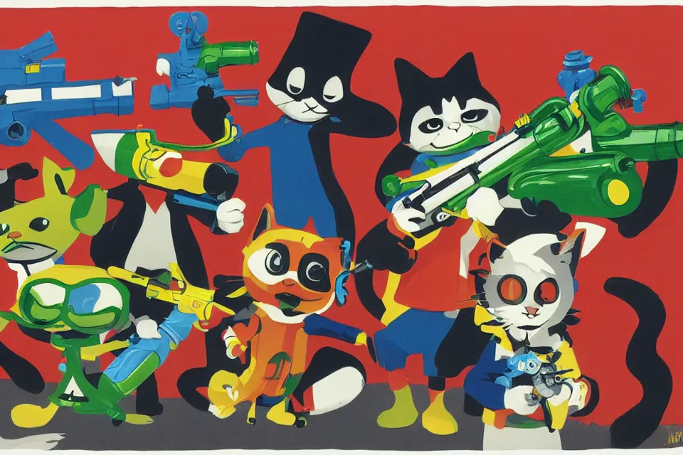 Image similar to concept paintings of cats holding supersoaker water guns, by jamie hewlett