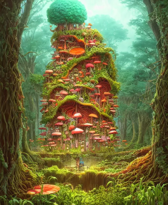 Image similar to a whimsical building made from food, overgrown with huge exotic fungus, deep in the woods, cheerful, stormy, by dan mumford, yusuke murata, makoto shinkai, ross tran, dreamy, cinematic, unreal engine, cel shaded, featured on artstation, pixiv