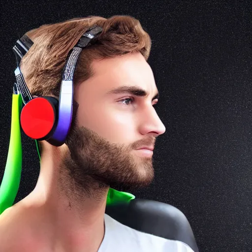 Prompt: gigachad with playing computer games with cat ear rgb gamer headset, 4K photography