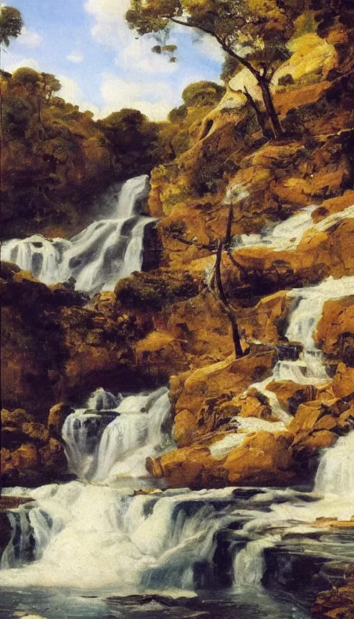 Image similar to still life painting of party on edge of waterfall, by Peder Krøyer, golden hour, dramatic lighting, epic, gargantuan, intricate detail, canvas print