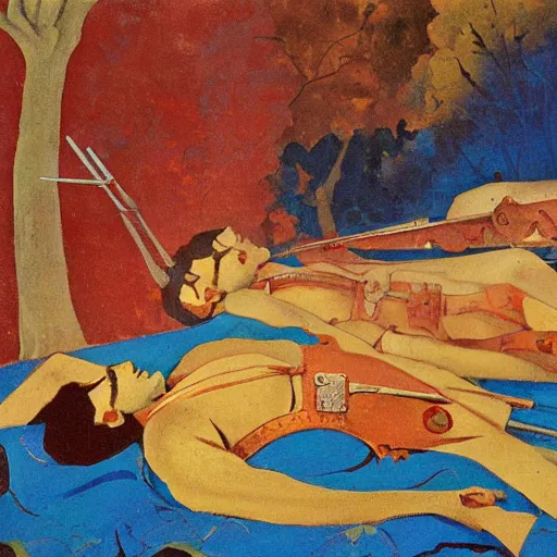 Prompt: a naturalist vintage painting of shining metal spanish conquistador soldiers lying on the ground by nicholas roerich by gustave moreau, by eyvind earle by bruce pennington by georgia o keeffe, blood, skin reflective metallic