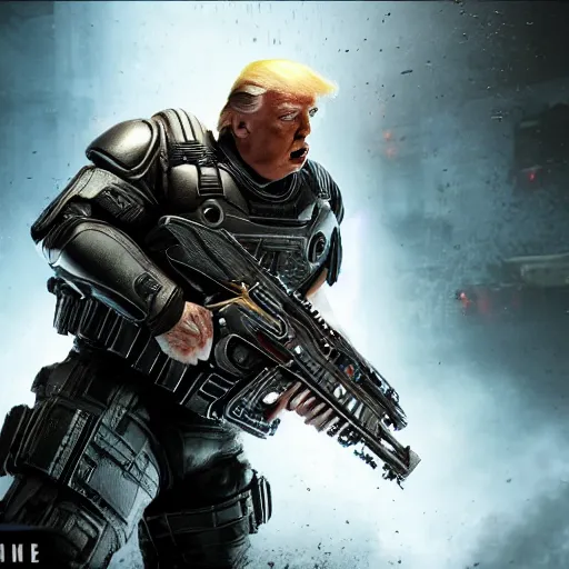 Image similar to Movie still of Donald Trump as ((the punisher)) in Gears of War, splash art, movie still, detailed face, photorealistic facial features, cinematic lighting, dramatic, octane render, long lens, shallow depth of field, bokeh, anamorphic lens flare, 8k, hyper detailed, 35mm film grain