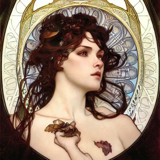 Prompt: realistic detailed face portrait of Nimue by Alphonse Mucha, Ayami Kojima, Amano, Karol Bak, Greg Hildebrandt, and Mark Brooks, Art Nouveau, Neo-Gothic, gothic