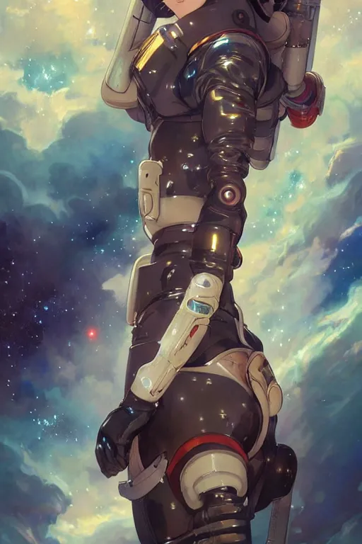 Prompt: an anime girl in a spacesuit in awe at the beauty of the universe, intricate, space, stunning, highly detailed, digital painting, artstation, smooth, hard focus, illustration, art by artgerm and greg rutkowski and alphonse mucha