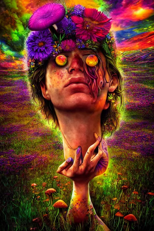 Image similar to hyperrealistic portrait of melting hippies - epic cinematic mushrooms with psychedelic field of flowers, highly detailed smooth digital art masterpiece, pablo amaringo dramatic low light, ground angle uhd 8 k, sharp focus