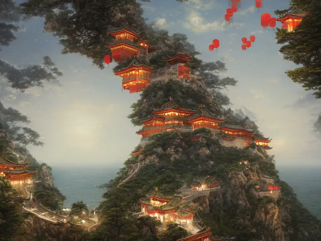 Prompt: a majestic chinese palace stands on a cliff by the sea with beautiful sky lanterns flying in the night sky by greg rutkowski and thomas kinkade, trending on artstation, dreamy, fairy tale, expansive view, ultra wide angle, uhd, super resolution, massive scale.