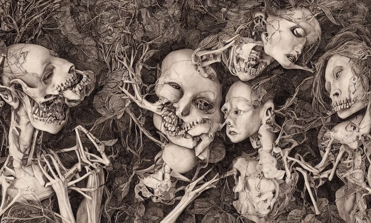 Image similar to intertwined bodies with large eyes and lips laying in bed, feeling an existential dread of love, HD Mixed media, highly detailed and intricate, skeletal, botany, surreal illustration in the style of Caravaggio, baroque dark art