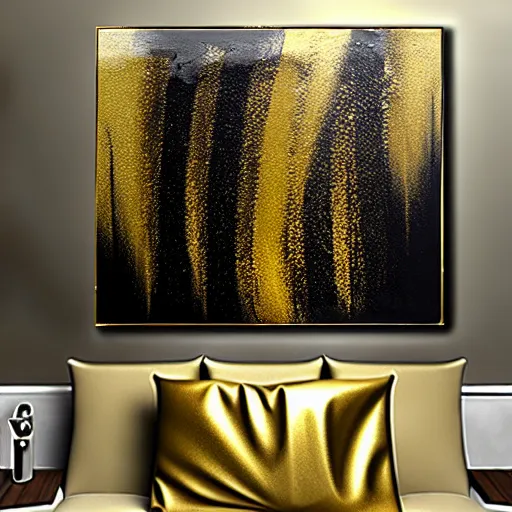 Image similar to a pour painting on canvas, gold black silver colors, abstract, thick paint, glossy, resin coated