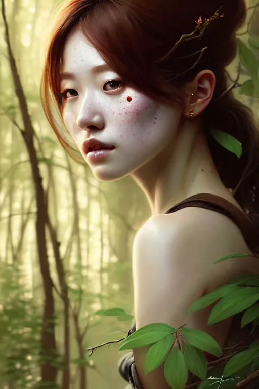 Image similar to beautiful digital painting of a hoyeon jung stylish female forest with high detail, real life skin, freckles, 8 k, stunning detail, works by artgerm, greg rutkowski and alphonse mucha, unreal engine 5, 4 k uhd