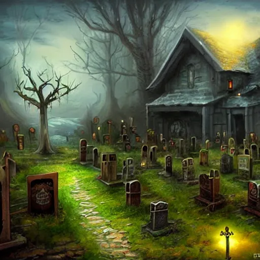 Image similar to taver, pub, graveyard, Fantasy Art