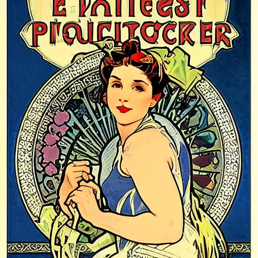 Prompt: a portrait of Rosie the riveter by Alphonse Mucha, intricate details, art nouveau card, 8k