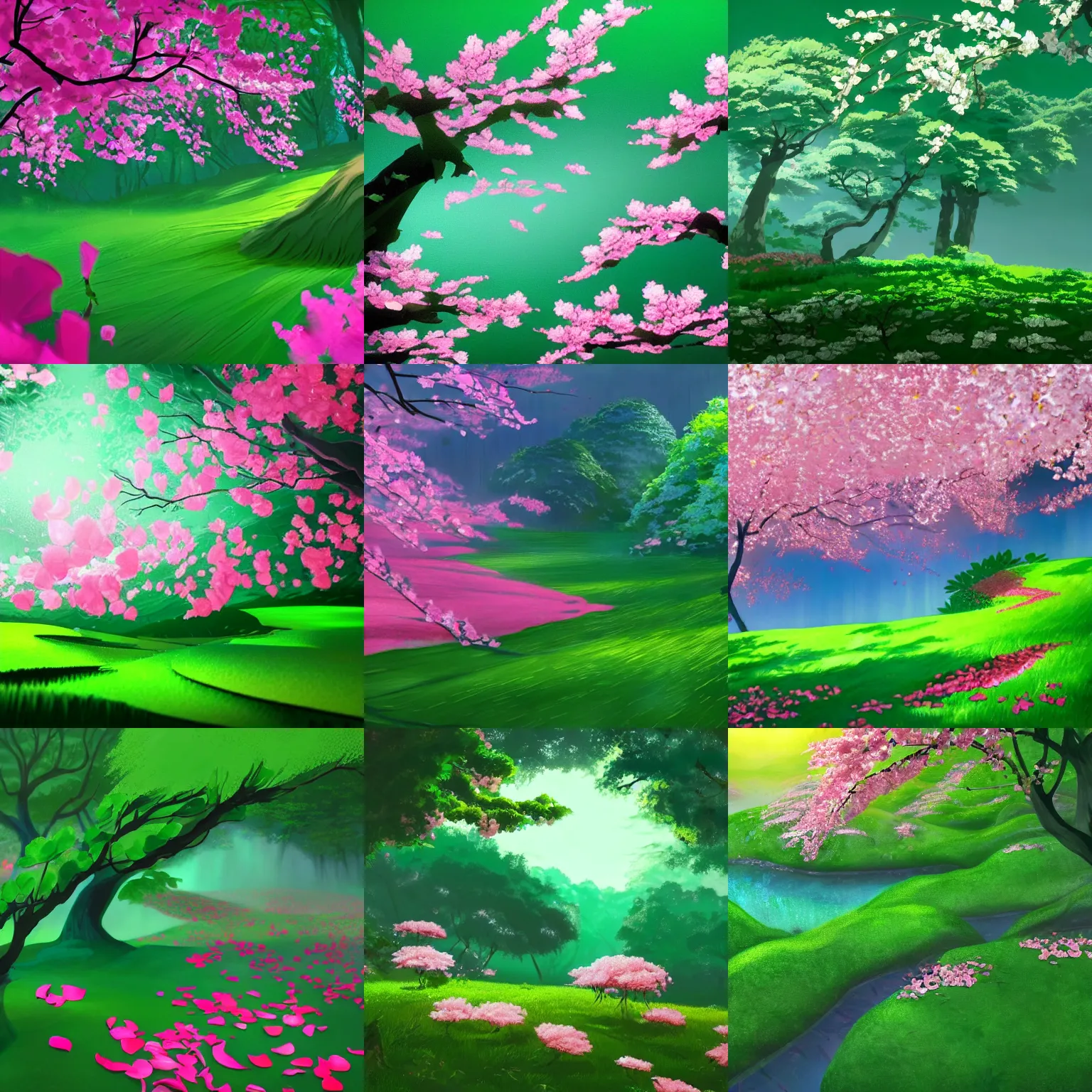 Prompt: closeup a swirl of rose petals and sakura flowers and green leaves, in gentle green dawn light, air background, eyvind earle, studio ghibli painting, cinematic lighting, volumetric lighting, smooth, sharp focus, highly detailed, render in unreal engine 5, artstation, deviantart, behance, trending, epic composition, octane, light rays, award - winning