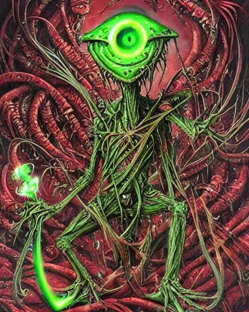 Prompt: charred bloody fleshmetal cyborg daemonhost kermit the frog psychedelic flamer of tzeentch, by antonio j. manzanedo, giger, alex grey, android jones, wayne barlowe, philippe druillet, raymond swanland, cyril rolando, josephine wall, harumi hironaka, cronenburg, trending on artstation