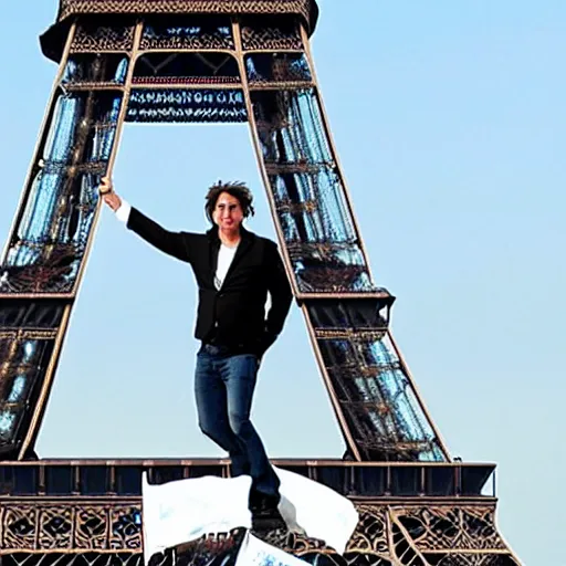 Image similar to Richard Hammond holding up the flag of america on top of the eiffel tower