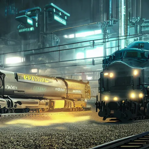 Prompt: photo of Immense industrial futuristic cargo train arrives at cyber punk city station, cinematic lighting,