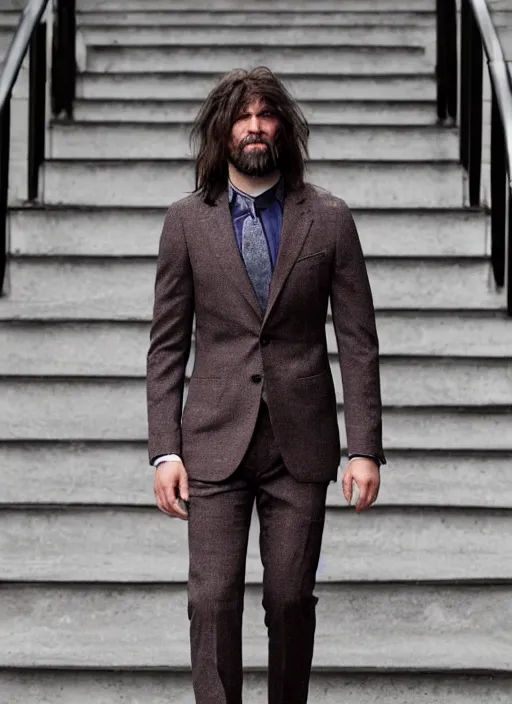 Prompt: Caveman wearing a suit and boots from Carol Christian Poell's latest fall collection
