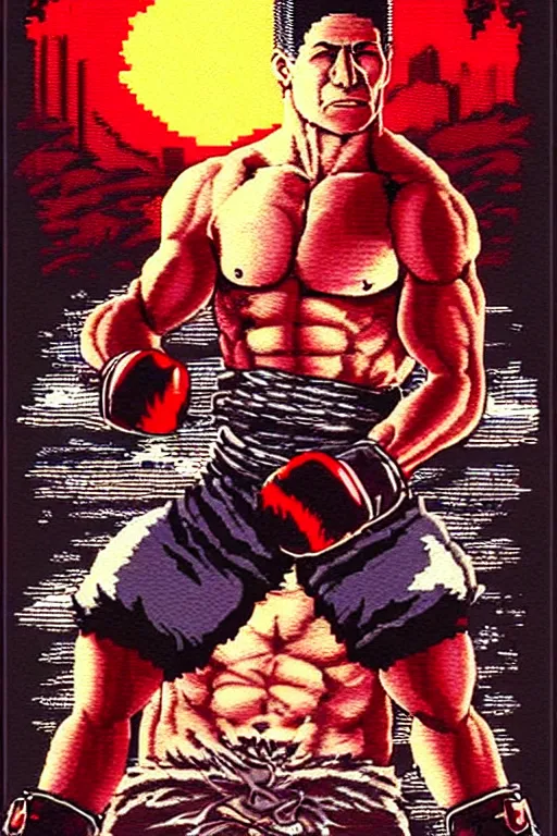 Image similar to extreme long shot. 8 bit nes graphics. antropomorphic muscular masculine wolf. kickboxer fighter, in shorts. wolf head. fine details, very sharp, art from nes game cartridge, 8 0's, vhs artefacts, vaporwave style, marc simonetti and hermann nitsch. kung fury movie
