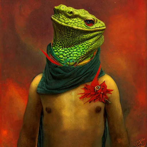 Prompt: a portrait of a ninja male lizard with human eyes wearing a scarf, titian, sam spratt, maxfield parrish, gustav klimt, tom bagshaw, mark ryden, alphonse mucha, rembrandt, high quality, painting, oil