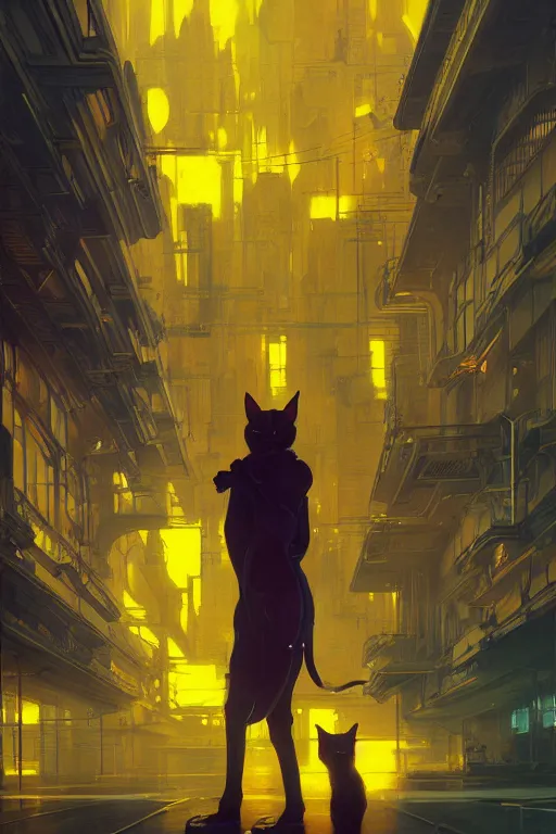 Image similar to yellow cat inside a synth wave city, highly detailed, digital painting, artstation, concept art, sharp focus, illustration, art by greg rutkowski and alphonse mucha