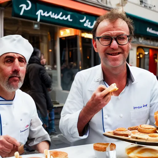 Prompt: Portrait of dutch chefs impressing impressing french people with pancakes in a street in Paris, by Steve McCurry and David Lazar, natural light, detailed face, CANON Eos C300, ƒ1.8, 35mm, 8K, medium-format print