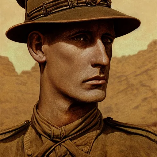 Image similar to a detailed photorealistic sepia - toned color portrait painting of a 1 9 1 7 worried clean - shaven british lieutenant in detailed field gear wearing a finely - detailed pith helmet in wadi rum, ultra realistic, intricate details, lovecraft, atmospheric, dark, horror, brooding, highly detailed, by clyde caldwell