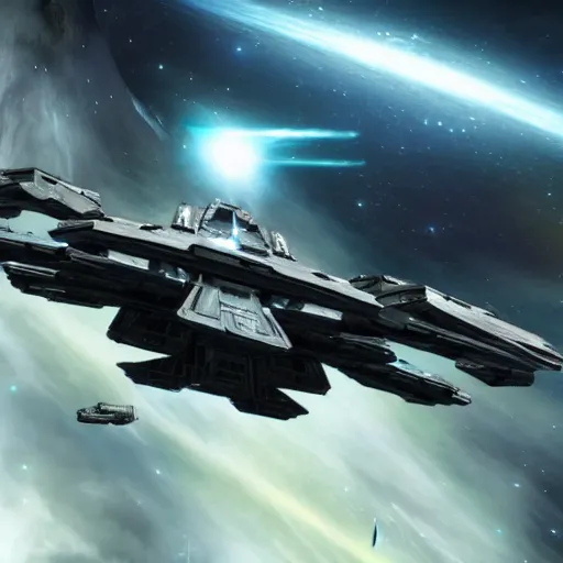 Image similar to close photo of the newest battle destroyer spaceship engaging battle in the universe of eve online with numerous space fighters fighting around