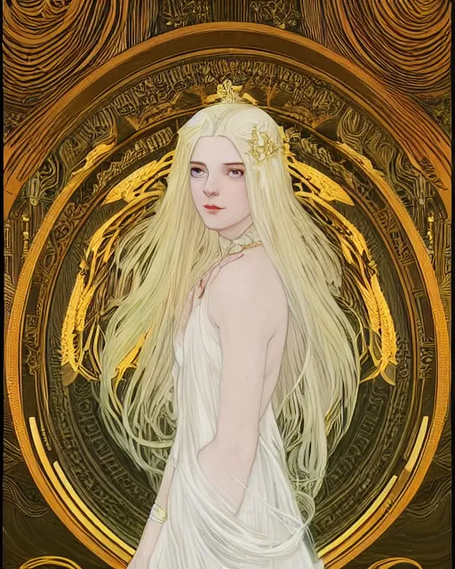 Prompt: portrait of an ethereal woman with pale hair and gold eyes wearing a flowing white and gold gown surrounded by feather motifs, ilya kuvshinov, greg rutkowski, alphonse mucha, kay nielsen, ross tran, artgerm, anime, intricate, digital painting, concept art