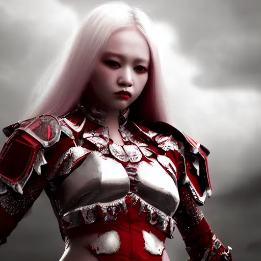 Image similar to beautiful albino Asian girl armor covered in blood, unreal engine octane, red and white, portrait, gliter, depth of field, 8k, hyper detailed