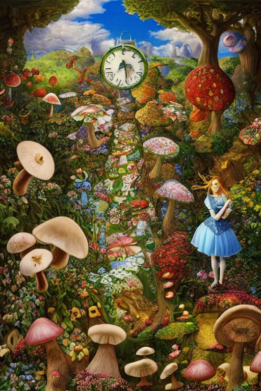 Image similar to a magical realism alice in wonderland with mushrooms and flowers by jacek yerka and salvador dali, detailed matte painting, 8 k resolution