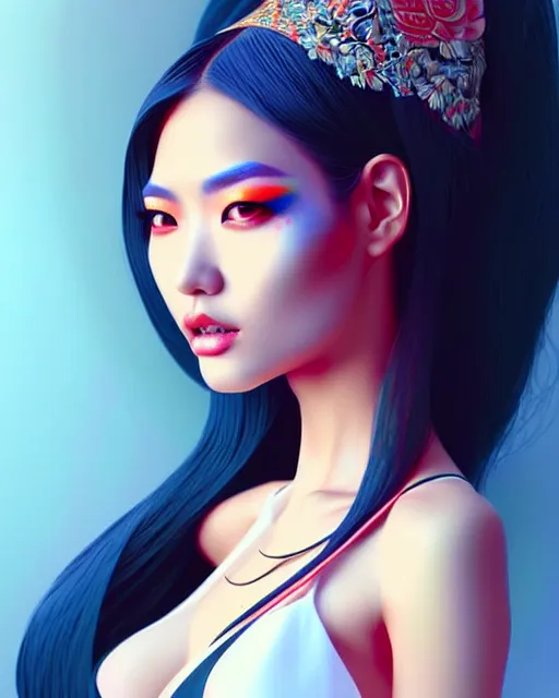 Image similar to richly detailed color illustration of very very beautiful asian fashion model illustrated by Artgerm and Mina Petrovic and Timothy Kong and Marina Federovna. 3D shadowing