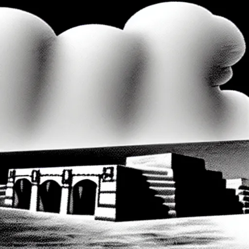 Image similar to clouds shaped like the second temple in jerusalem, the beis hamikdash surrealism