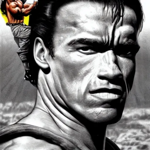 Image similar to arnold schwarzenegger in commando, punching a camel, looks photorealistic, hyper-detailed portrait