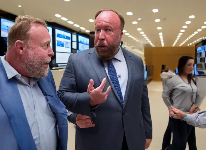 Image similar to dslr photo still of infowars host alex jones in a blue suit fat grey beard and mustache in an!!! apple store trying talking to an employee in a panic!!!, 5 2 mm f 1. 8