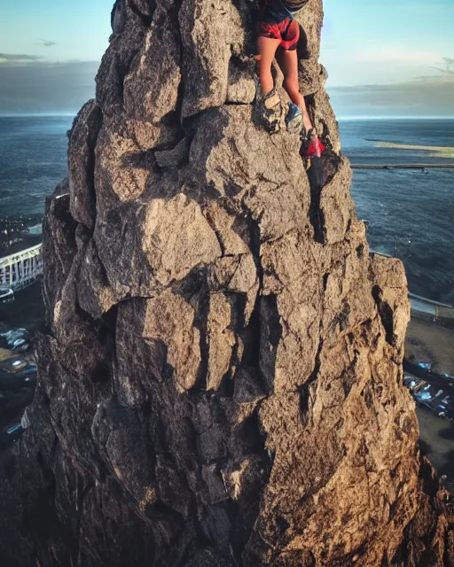 Image similar to climbing the belly of a giant monster, abdominal muscles like a rock wall, scaling a colossus, looking up at the tiny human climbing the monster, gorgeous view, sunset, sunshine rays