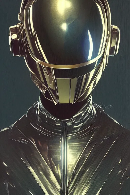 Image similar to A full portrait of Daft Punk, intricate, elegant, highly detailed, digital painting, artstation, concept art, smooth, sharp focus, illustration, art by Krenz Cushart and Artem Demura and alphonse mucha