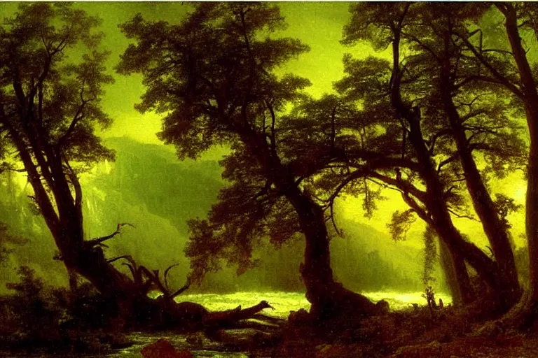 Image similar to oil painting of a detailed old tree next to a raging river by albert bierstadt