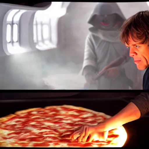 Image similar to A still of Luke Skywalker making a pizza, 4k, photograph, ultra realistic, highly detailed, professional lighting