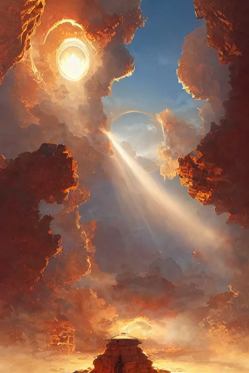 Image similar to a portal to another dimension made of white smoke in the middle of a design lounge crossed by the rays of the setting sun, marc simonetti