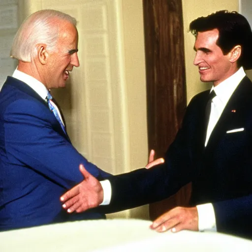 Image similar to patrick bateman shaking hands with joe biden.