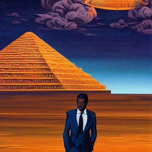 Image similar to a young thoughtful black man in a designer suit making a fingers tented gesture, on cosmic cloudscape with flying pyramids in the background, italian futurism, Dan Mumford, da vinci, Josan Gonzalez
