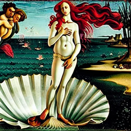 Image similar to the The Birth of Venus by Sandro Botticelli featuring Deadpool