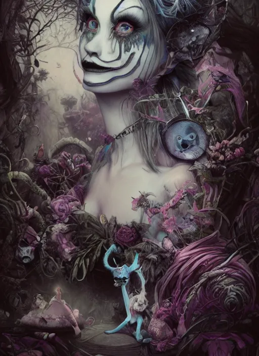 Image similar to Alice attends Mad Tea Party, Cheshire Cat, Mad hatter,highly detailed,half skull face,cinematic,8k,by Stanley Artgermm,Tom Bagshaw,Greg Rutkowski,Carne Griffiths, Ayami Kojima, Beksinski, Giger,trending on DeviantArt,hyper detailed,horror, full of colour