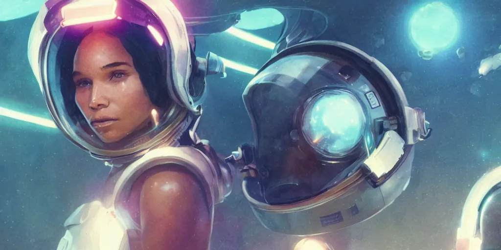 Image similar to Zoe Kravitz with short hair as a techpunk astronaut, helmet with led lights, underwater in the ocean at night, clear water, volumetric lighting, glowing lights, 4k, octane, digital painting, artstation, concept art, cinematic film, sharp focus, illustration, art by artgerm and greg rutkowski and alphonse mucha , wide angle view,