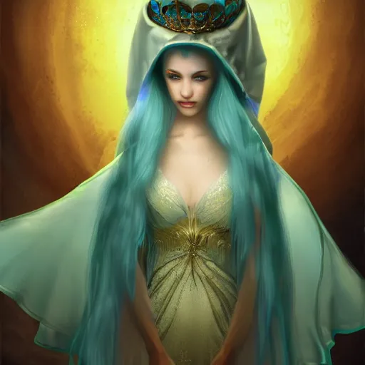 Prompt: detailed portrait of a fairy queen with wings wearing a magic silk and lace robe with a hood, crown, pixie, iris, realism, emerald, galaxy, sapphire,blonde hair going down to the floor, moonlit, dark fantasy, dramatic lighting, cgsociety, artstation